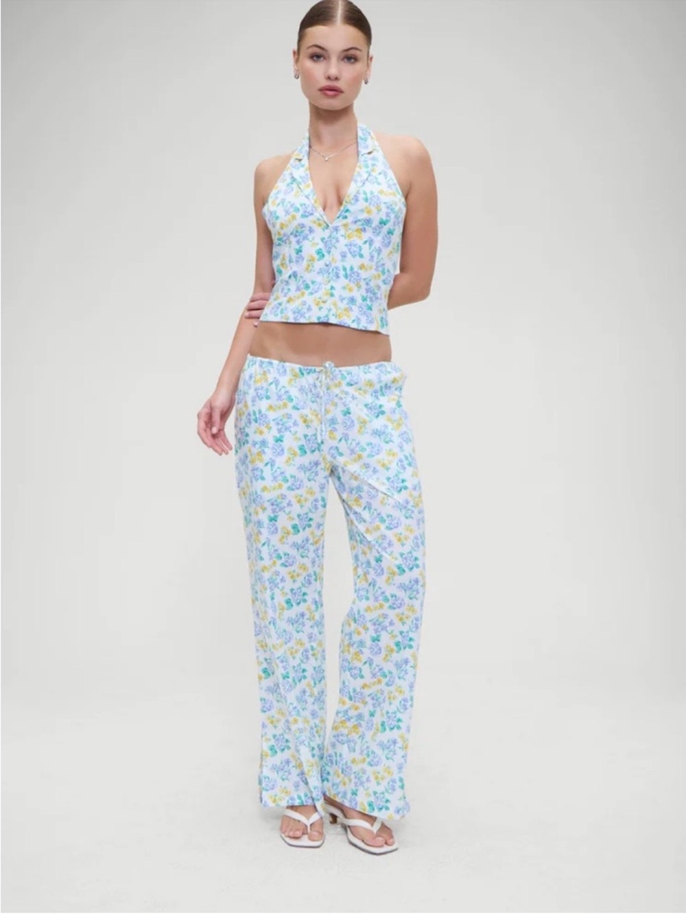 RARE Frankie's Bikinis White Floral Halter Crop Top & Pants SET